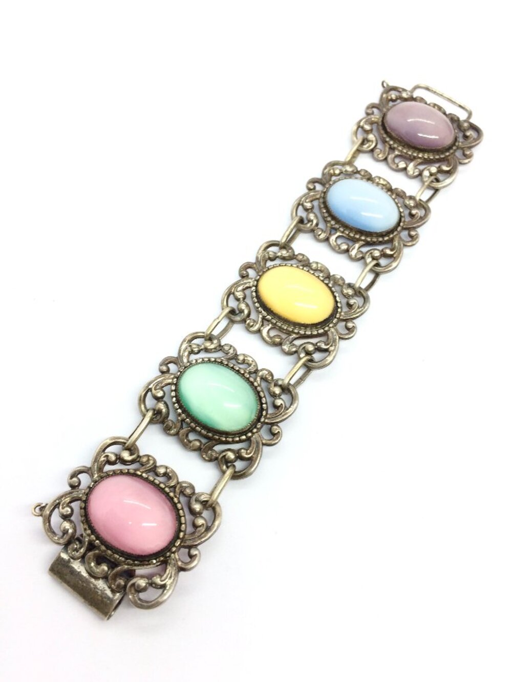 VINTAGE DANECRAFT BRACELET Sterling Silver Pastel Lucite Filigree Panel 7.5"